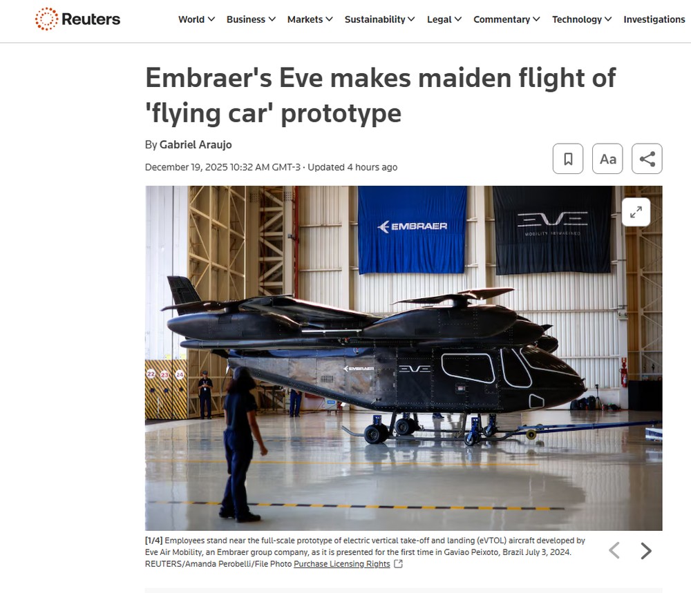 Notícia do voo do protótipo da Embraer na agência internacional de notícias Reuters — Foto: Reprodução