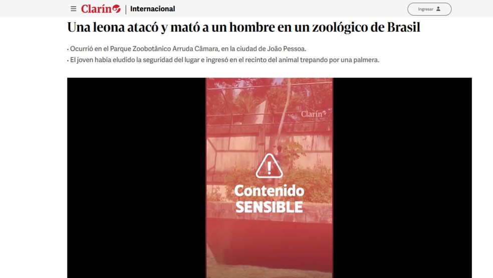 Reportagem do jornal Clarín, da Argentina, sobre a morte de um homem por ataque de leoa em João Pessoa em 30 de novembro de 2025. — Foto: Reprodução