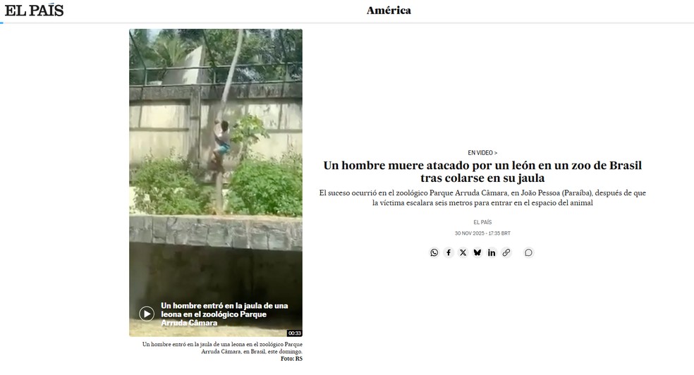 Reportagem do jornal El País, da Espanha, sobre a morte de um homem por ataque de leoa em João Pessoa em 30 de novembro de 2025. — Foto: Reprodução