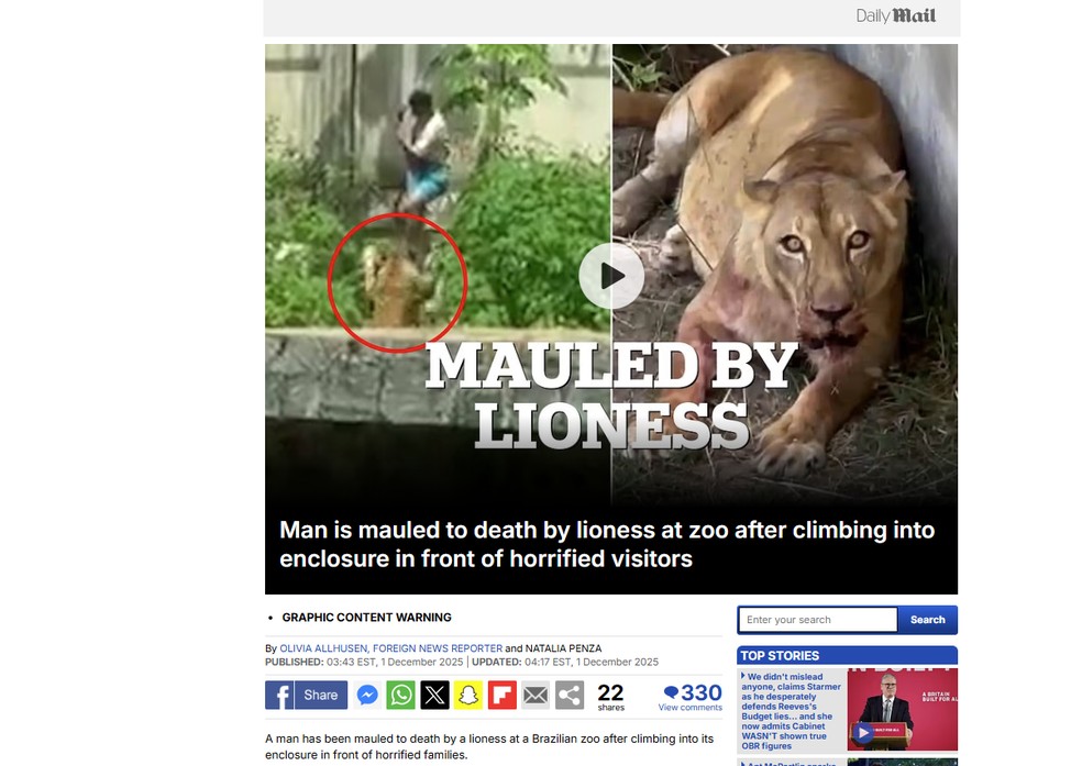 Reportagem do tablóide Daily Mail, do Reino Unido, sobre a morte de um homem por ataque de leoa em João Pessoa em 30 de novembro de 2025. — Foto: Reprodução