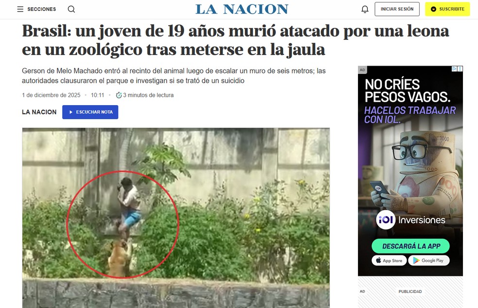 Reportagem do jornal La Nación, da Argentina, sobre a morte de um homem por ataque de leoa em João Pessoa em 30 de novembro de 2025. — Foto: Reprodução