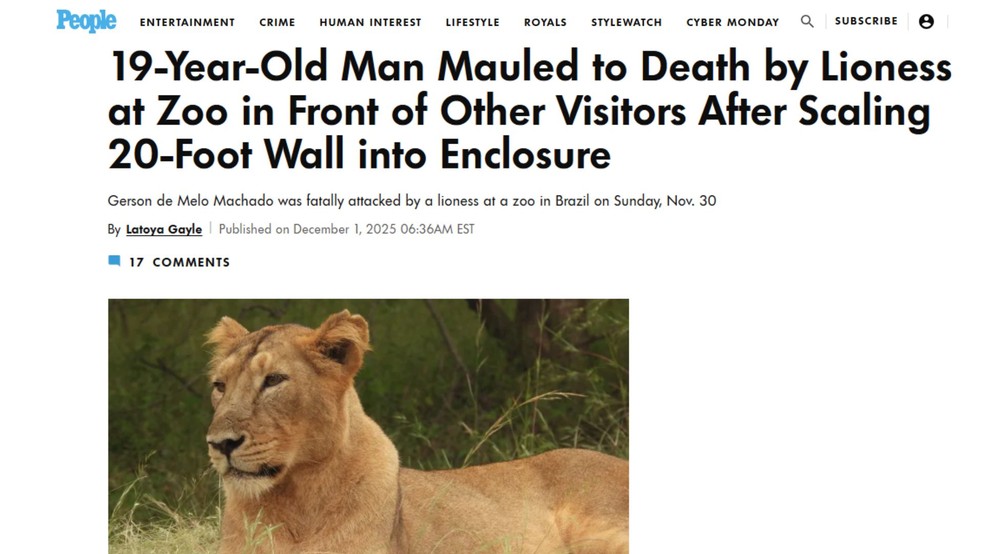 Reportagem da revista People, dos Estados Unidos, sobre a morte de um homem por ataque de leoa em João Pessoa em 30 de novembro de 2025. — Foto: Reprodução