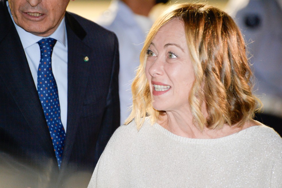 Giorgia Meloni, primeira-ministra da Itália, na chegada ao Rio para o G20 — Foto: Alex Ferro/G20
