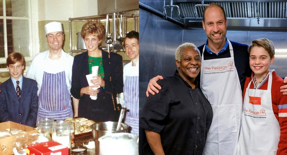 William ao lado da mãe, aos 11 anos, na instituição de caridade e, agora, aos 43, com o filho George, de 12 anos — Foto: Instagram/Reprodução