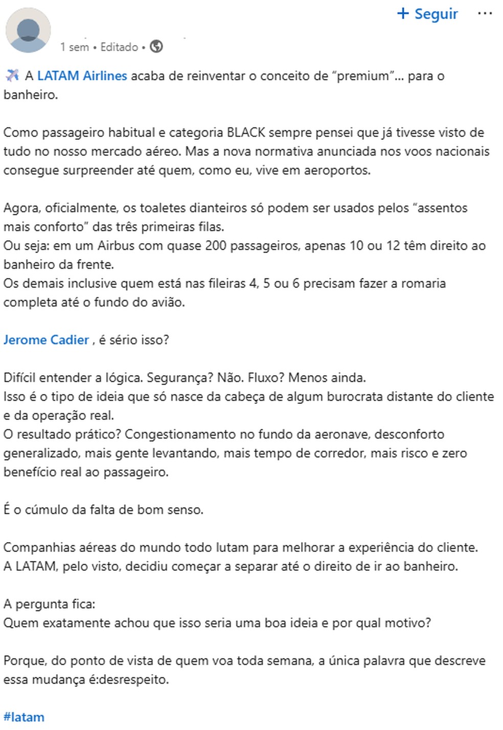 Passageiro se queixa sobre banheiro em voos da Latam — Foto: Reprodução/LinkedIn