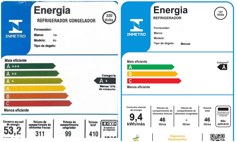 ANTES E DEPOIS: selo do Inmetro atual (à esquerda) com a classificação que muda em 2026 para o selo novo, à direita. — Foto: Reprodução