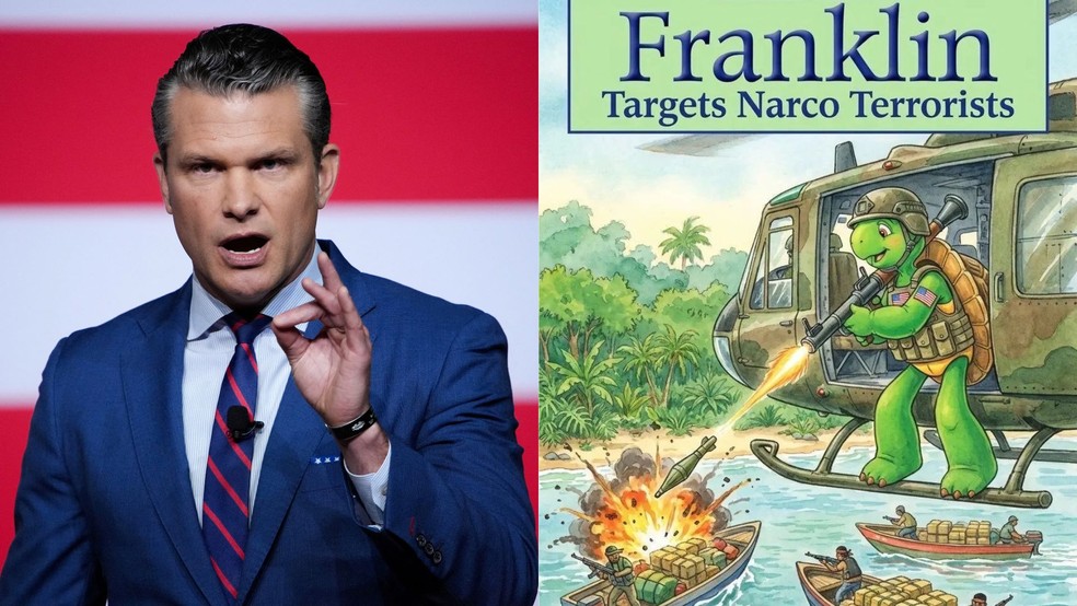 Secretário de Guerra dos Estados Unidos, Pete Hegseth, e montagem de tartaruga Franklin bombardeando barcos. — Foto: Pool via Reuters e reprodução/redes sociais