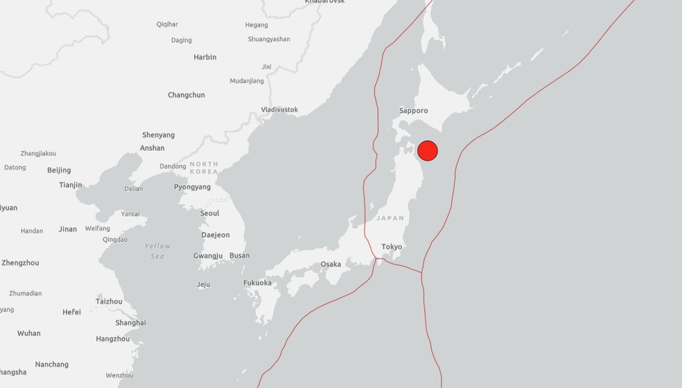 Terremoto de magnitude 7,6 atinge a costa do Japão em 8 de dezembro de 2025. — Foto: Reprodução/Serviço Geológico dos EUA