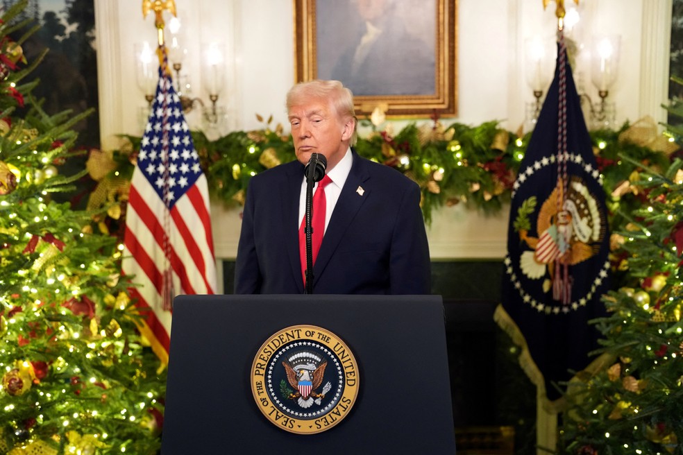 O presidente dos EUA, Donald Trump, discursa para a nação em 17 de dezembro de 2025 — Foto: Doug Mills/Pool via REUTERS