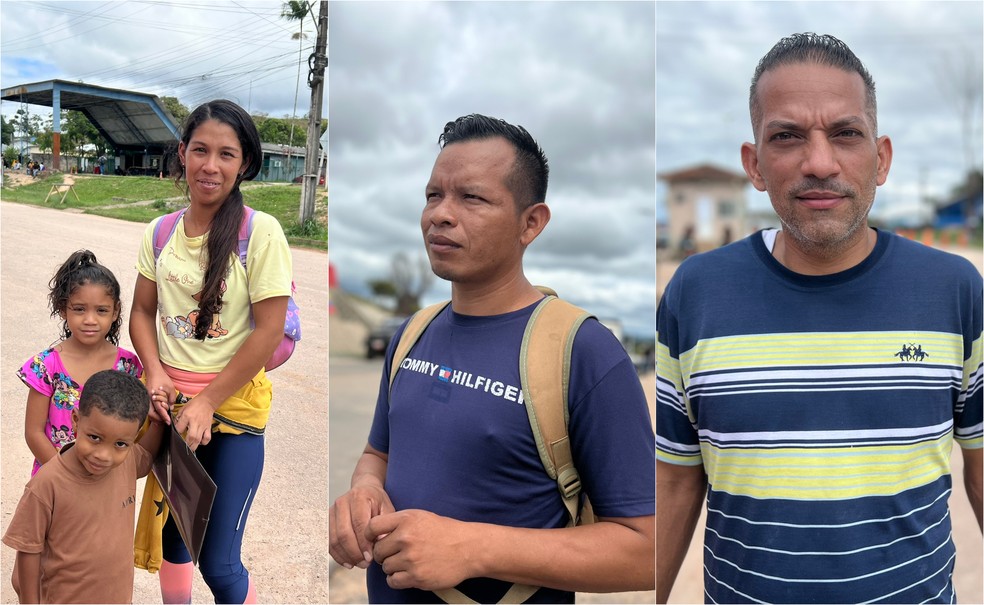 Da esquerda para a direita: Roxana Ampara, 28 anos, e filhos; Olman da Silva, 36 anos; Rennie Castillo, 42 anos — Foto: Caíque Rodrigues/g1 RR