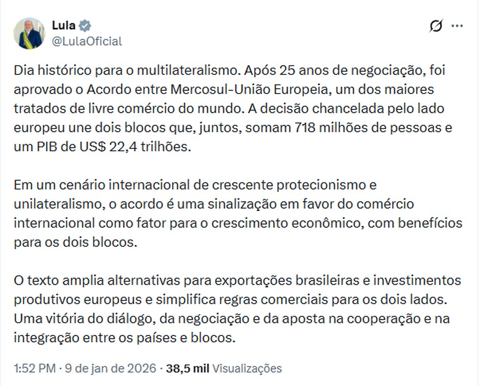 Para Lula, trata-se de um "dia histórico" para o multilateralismo. — Foto: Reprodução