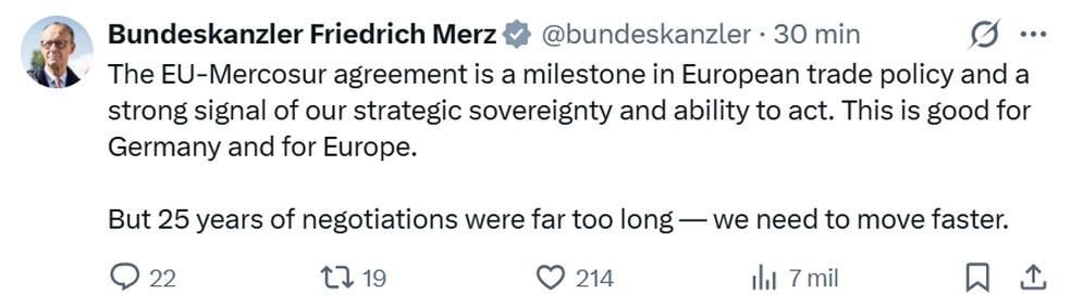 chanceler Friedrich Merz classificou o acordo como um “marco histórico” — Foto: X/ Reprodução
