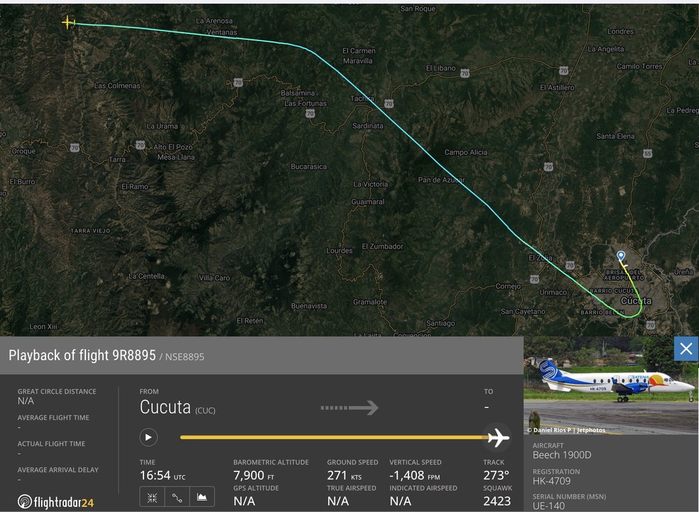 Imagem do site FlightRadar24 mostra trajeto do voo da Satena que desapareceu na Colômbia em 28 de janeiro de 2026 — Foto: Reprodução/FlightRadar24