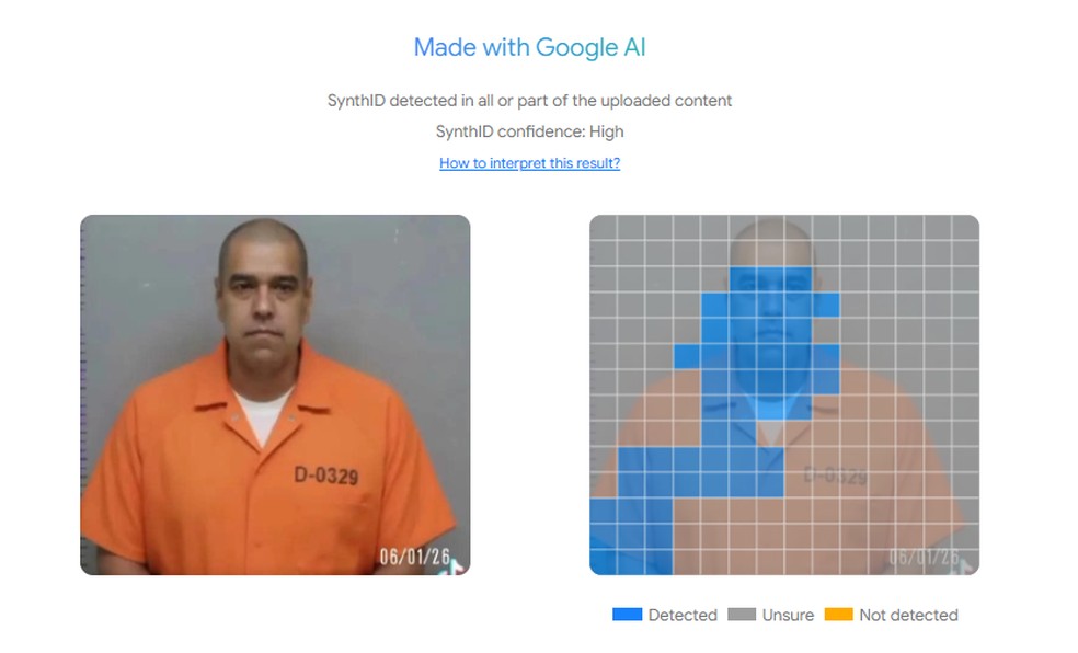 SynthID detectou nos pontos azuis a presença da marca d'água de IAs do Google. — Foto: Reprodução