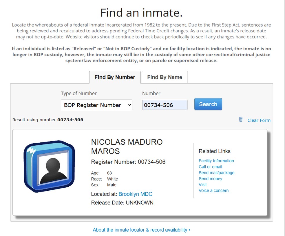 Site do Departamento Federal de Prisões dos EUA exibe informações sobre prisão de Maduro. — Foto: Reprodução