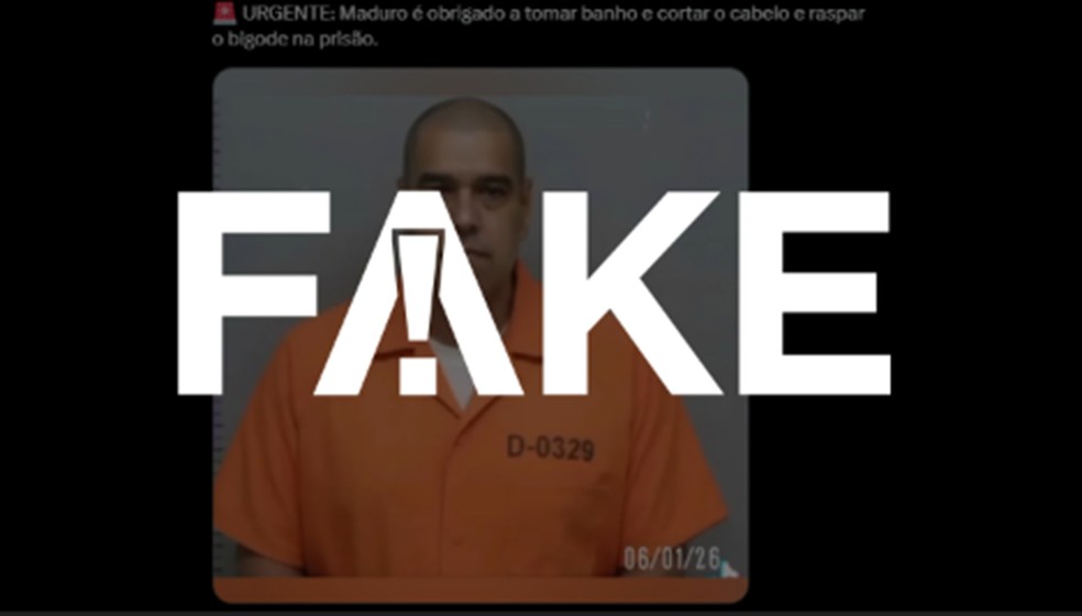 É #FAKE que foto mostre Maduro com roupa de presidiário, sem bigode e de cabeça raspada; trata-se de IA — Foto: Reprodução