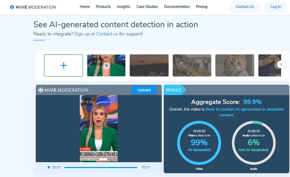 Hive Moderation aponta probabilidade de 99% de as imagens terem sido criadas com IA — Foto: Reprodução