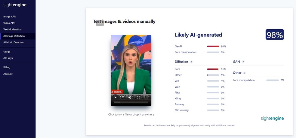 Sightengine aponta probabilidade de 98% e uso predominante do Sora — Foto: Reprodução