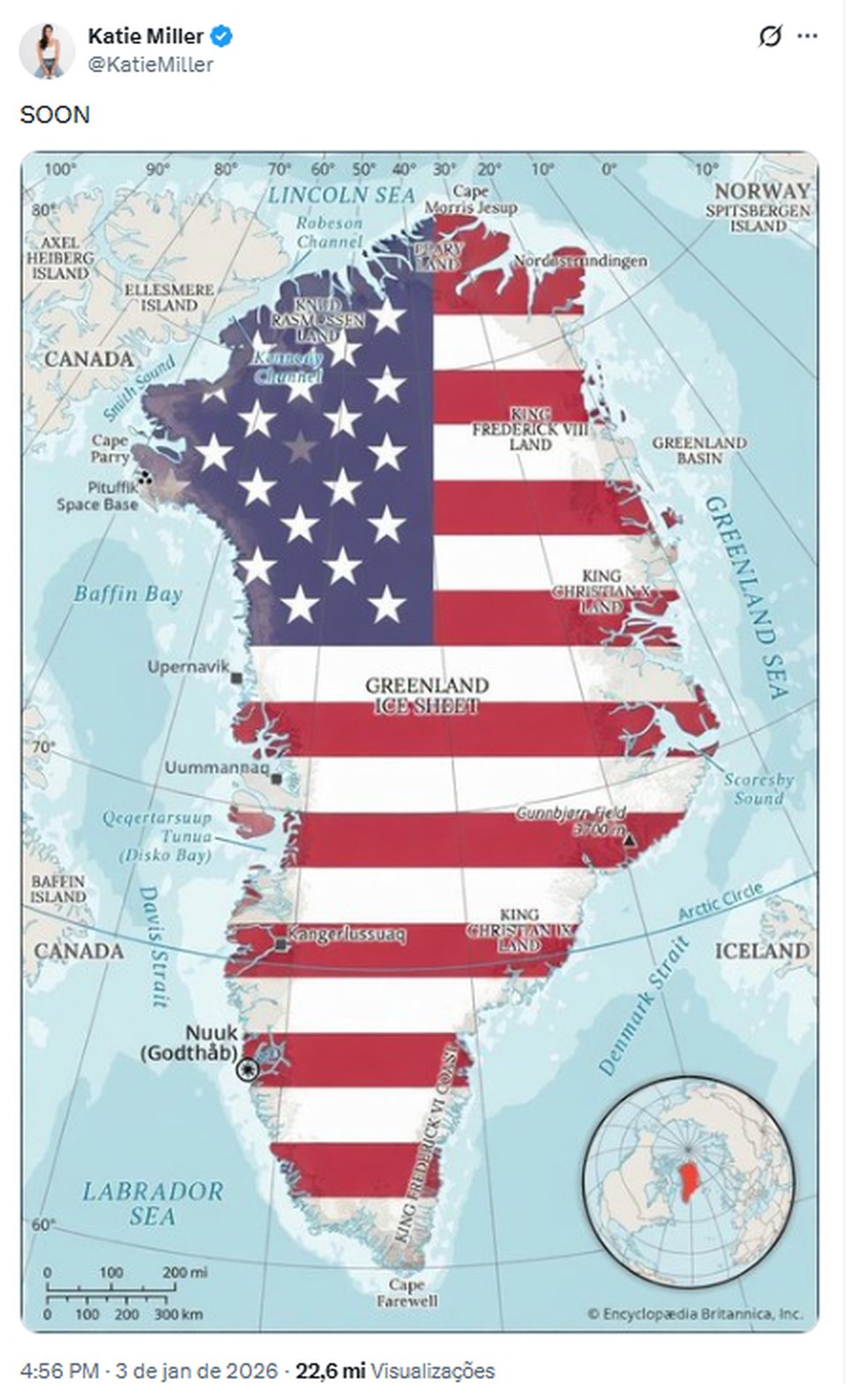 Katie Miller posta mapa Groenlândia com bandeira dos EUA — Foto: Reprodução / X