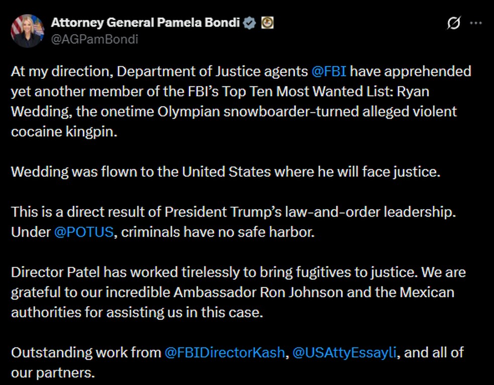 Pam Bondi confirmou em uma postagem no X a prisão de Wedding. — Foto: Reprodução/X