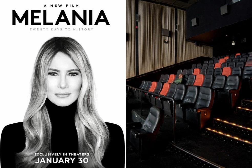 Montagem com o cartaz do filme sobre Melania Trump e o registro da sessão de estreia em um cinema na Pompeia, em SP, com apenas um espectador — Foto: Reprodução e Vinícius Lemos/g1