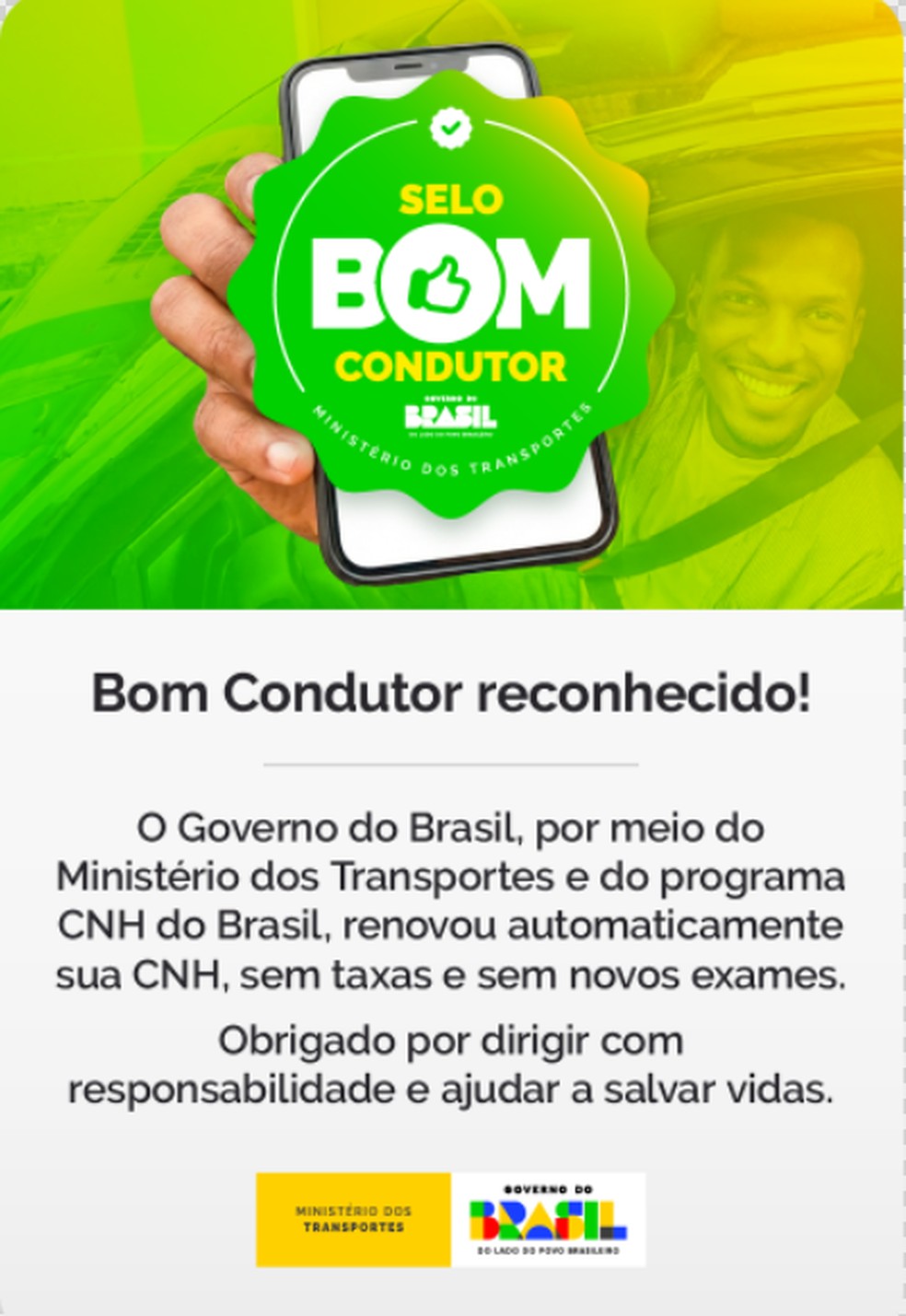 Selo de 'bom condutor' que chegará para motoristas. — Foto: Reprodução/ Governo Federal