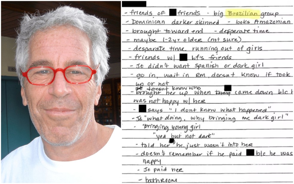 Arquivos do caso Epstein citam 'grande grupo brasileiro' — Foto: U.S. Department of Justice via AP; Reprodução via BBC