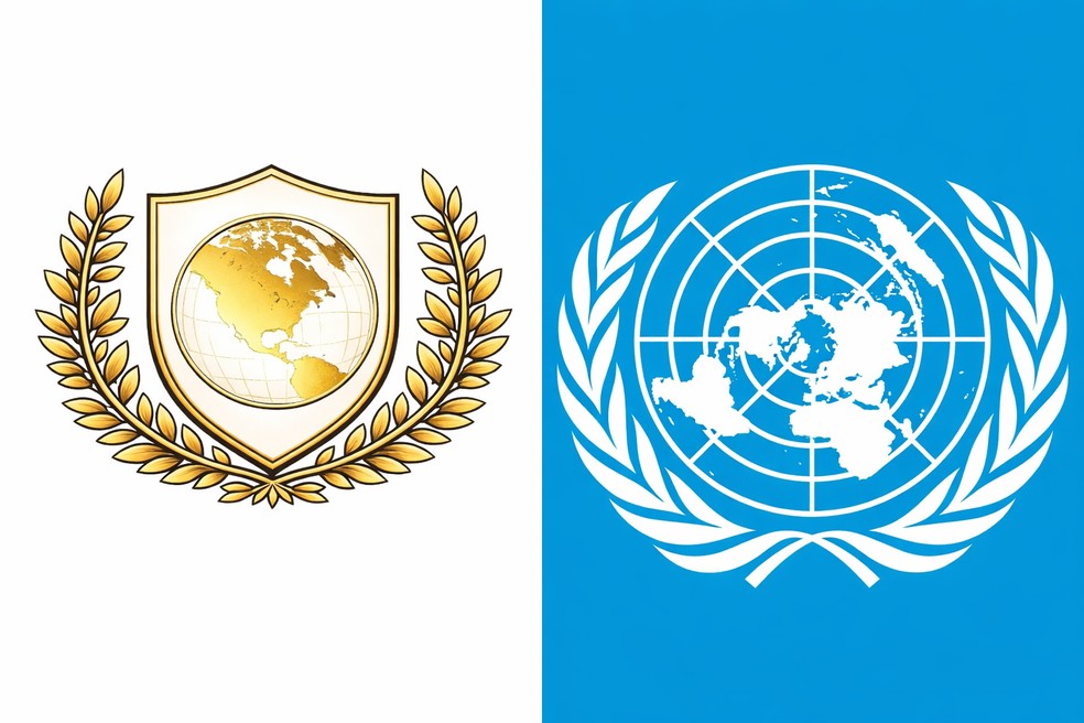 Logos do 'Conselho da Paz' de Trump e o da ONU — Foto: Divulgação