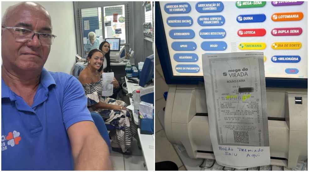 Dono da lotérica de Franco da Rocha com funcionários e bilhete premiado na Mega da Virada — Foto: Arquivo pessoal