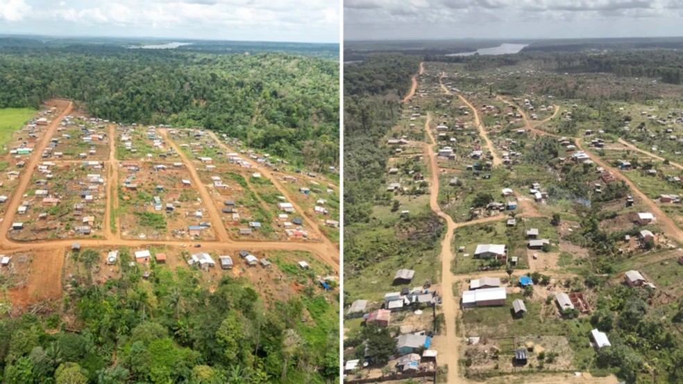 Mesma região registrada em 2021 e em setembro de 2025; foto mostra avanço de desmatamento e aumento da ocupação — Foto: Uesclei Costa