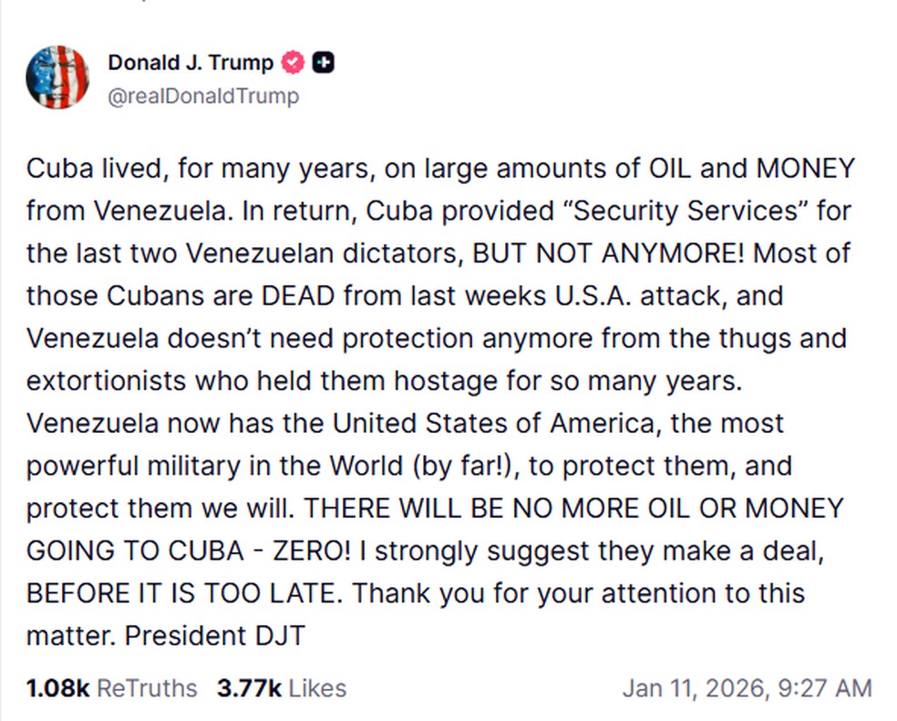 Postagem do presidente Donald Trump a respeito do petróleo venezuelano negociado com Cuba — Foto: Truh Social