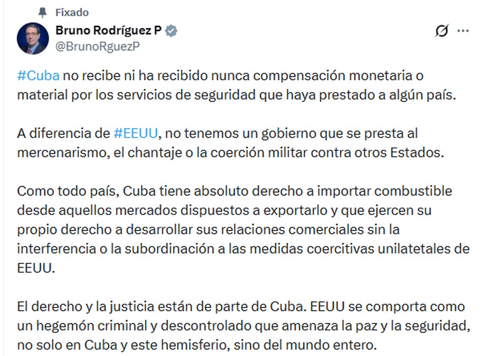 Postagem do ministro cubano em seu perfil no X neste domingo (11), respondendo as declarações de Donald Trump — Foto: X / Bruno Rodriguez