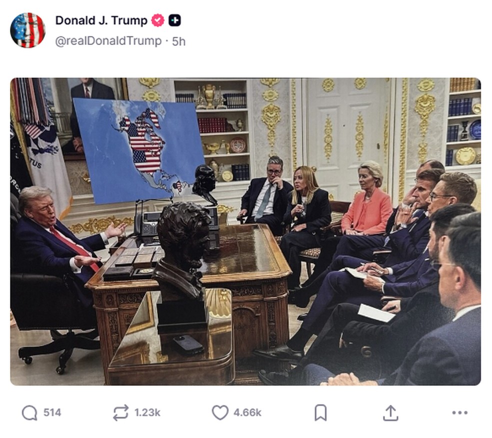 Montagem de IA publicada pelo presidente dos EUA, Donald Trump, nas redes sociais mostra reunião com líderes europeus e mapa com Groenlândia, Canadá e Venezuela com bandeira dos EUA. — Foto: Reprodução/Donald Trump no Truth Social