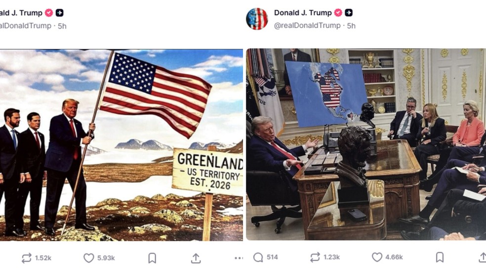 Presidente dos EUA, Donald Trump, publica montagens de IA fincando a bandeira dos EUA na Groenlândia e de reunião com líderes europeus com mapa provocativo. — Foto: Reprodução/Donald Trump no Truth Social