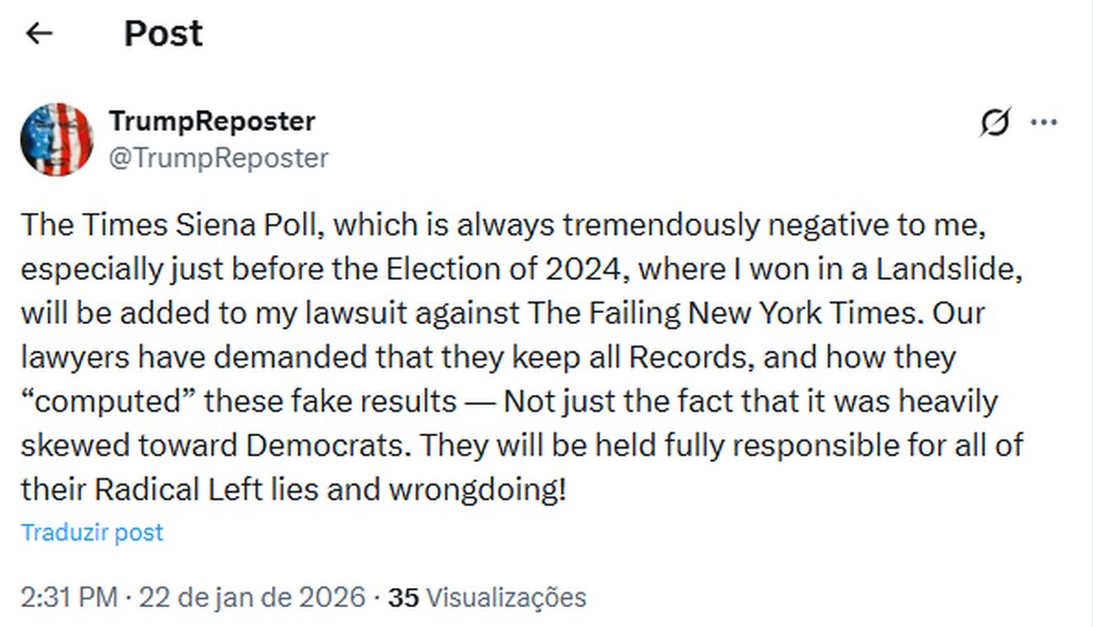 Trump questiona pesquisas de voto e de análise de governo realizadas pelo New York Times: 'precisam explicar os resultados' — Foto: Reprodução/X