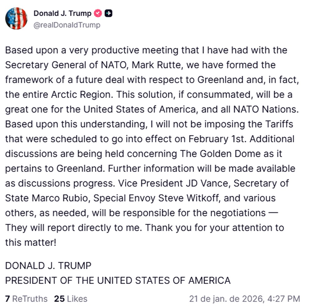 Trump anuncia acordo futuro com a Groenlândia e Otan — Foto: Truth Social