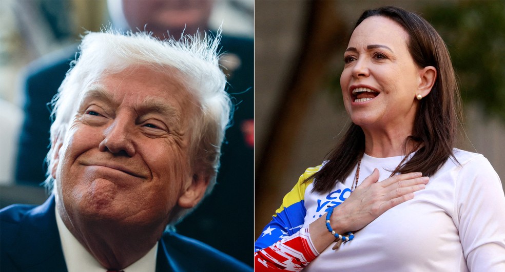 Donald Trump e María Corina Machado — Foto: REUTERS/Evelyn Hockstein / Leonardo Fernandez Viloria