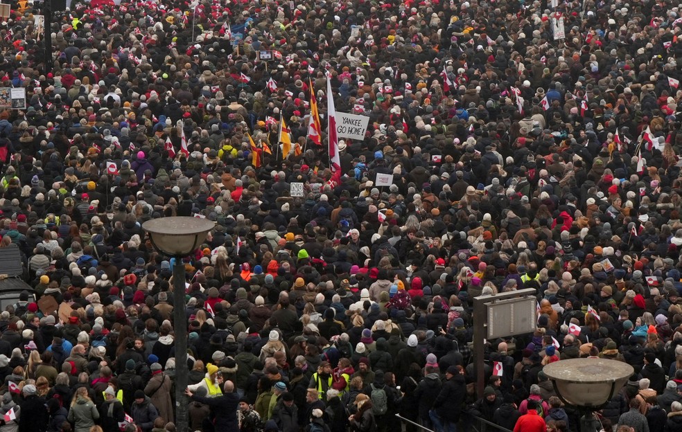 Manifestantes fazem protestos em Copenhague, na Dinamarca, contra a intenção dos EUA de anexarem a Groenlândia, em 26 de janeiro de 2026. — Foto: Tom Little/ Reuters
