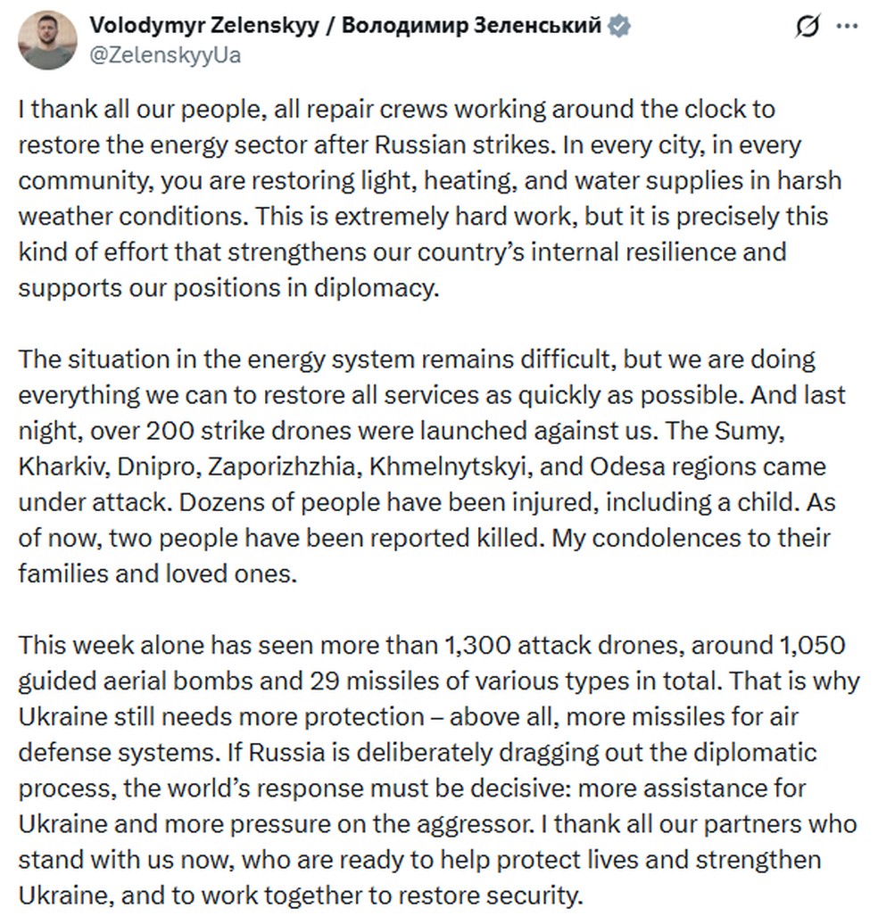 Presidente da Ucrânia, Volodymyr Zelenskyy, via X — Foto: Reprodução/X