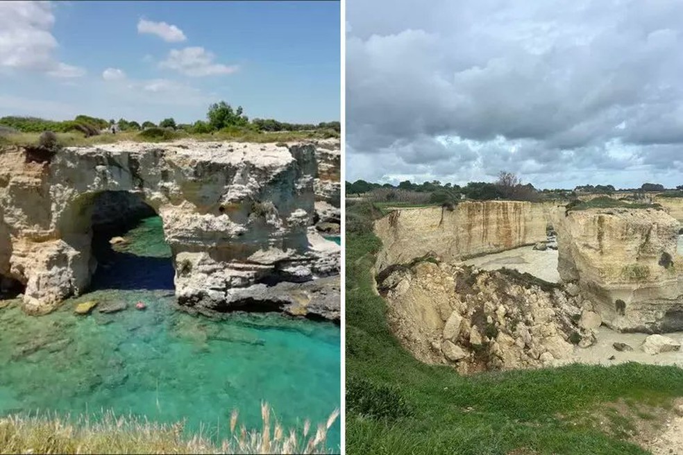 Montagem mostra Arco Sant'Andrea, na Itália, conhecido como Arco do Amor, antes e depois do desabamento — Foto: Reprodução/Redes sociais