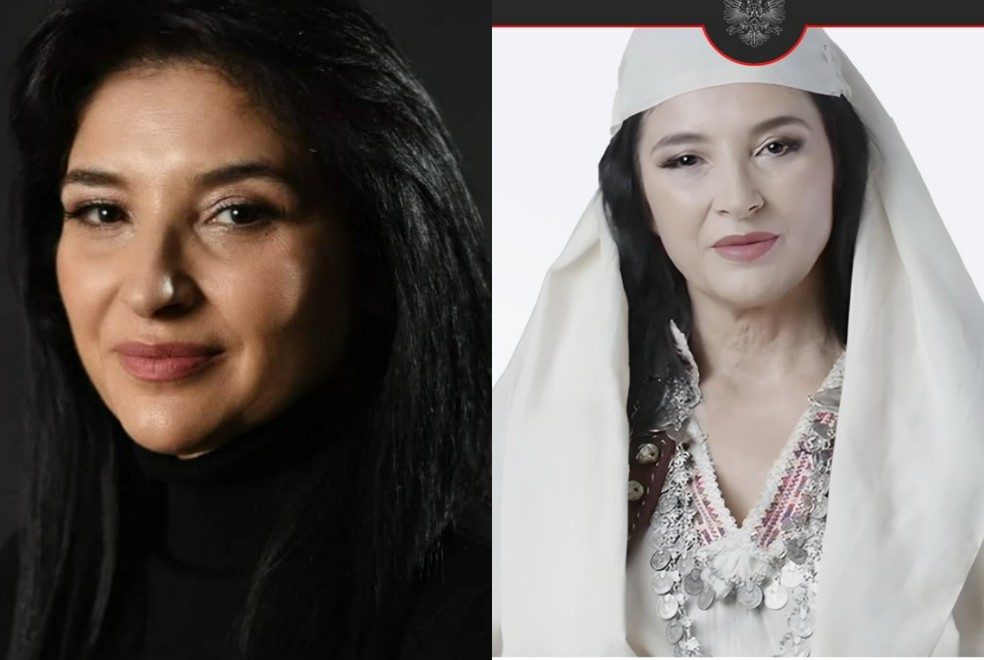 Atriz Anila Bisha e Diella (IA que é ministra da Albânia) — Foto: Reprodução/Instagram; Reprodução/Site do Gabinete do Primeiro-Ministro