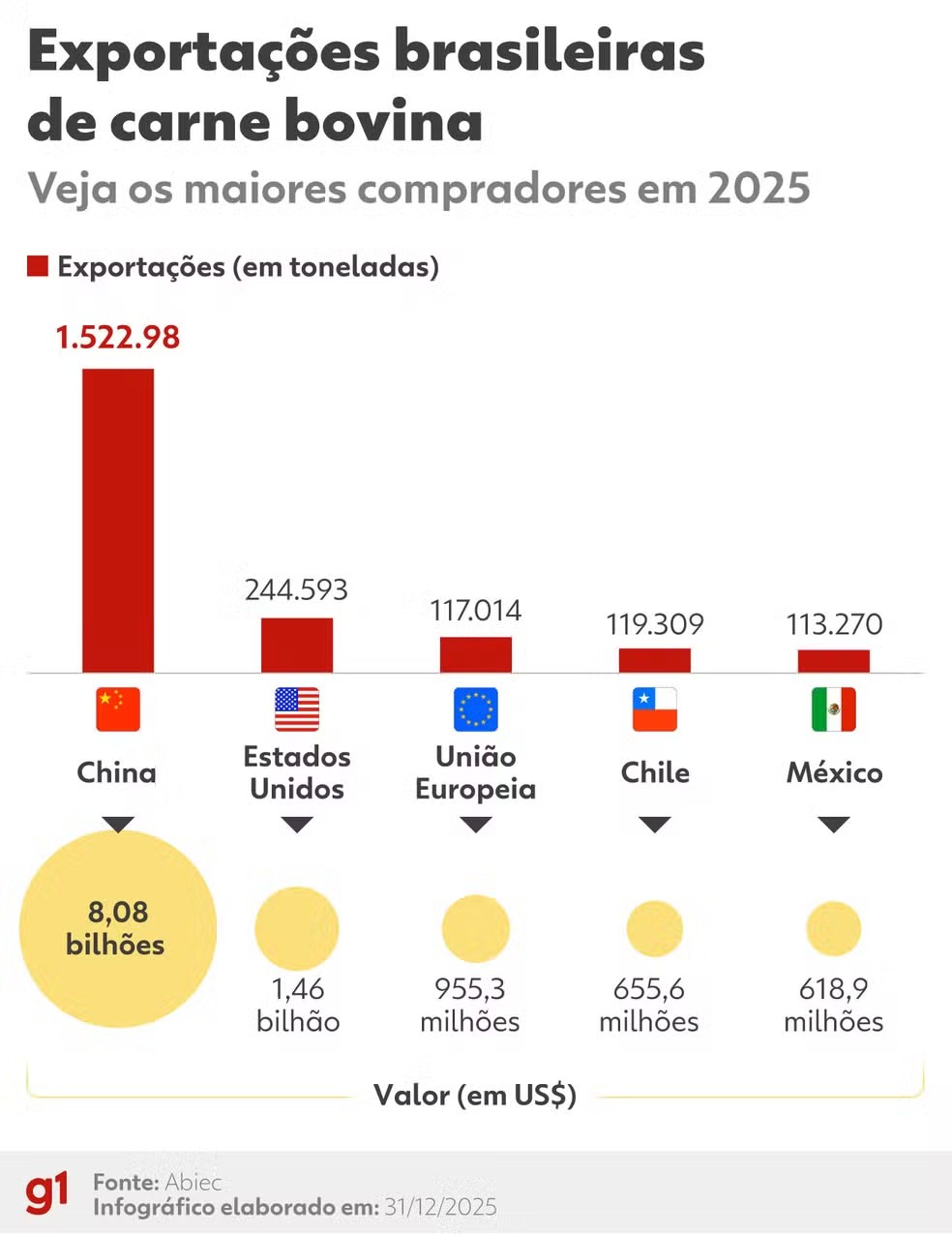 Veja os países para onde o Brasil mais exportou carne bovina em 2025; exportações de carne bovina — Foto: Kayan Albertin/g1