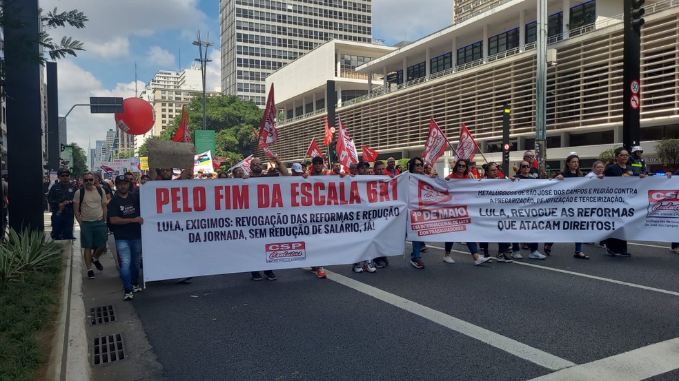 Protesto em maio de 2025 pediu o fim da escala 6x1 — Foto: Hermínio Bernardo/TV Globo