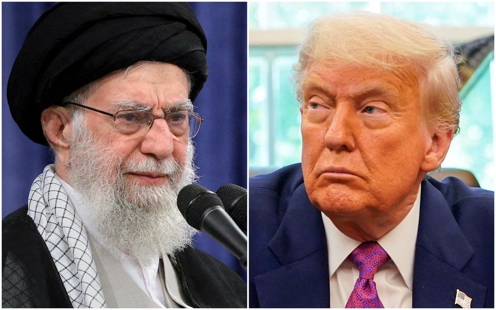 Líder supremo do Irã, Ali Khamenei, e o presidente dos EUA, Donald Trump — Foto: WANA (West Asia News Agency) via Reuters; Nathan Howard/Reuters