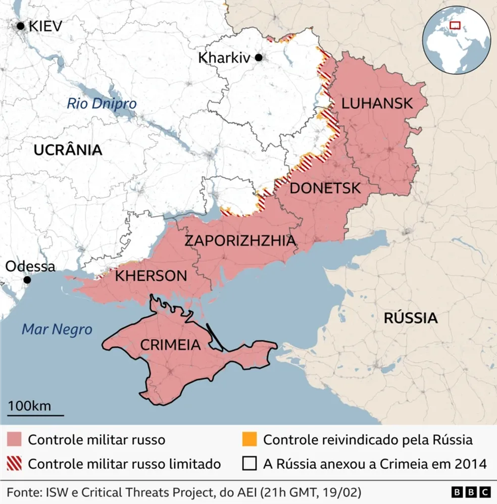 Mapa mostra áreas da Ucrânia sob domínio russo — Foto: BBC