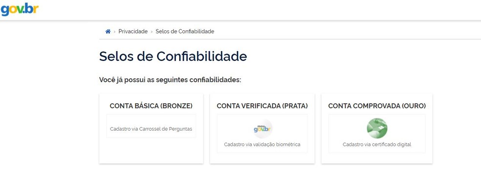 Página em que é possível aumentar o selo de confiabilidade da conta — Foto: Reprodução