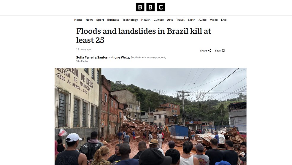 Reportagem do jornal BBC, do Reino Unido, sobre mortes causadas por chuvas torrenciais e deslizamentos de terra em Minas Gerais em 24 de fevereiro de 2026. — Foto: Reprodução/BBC