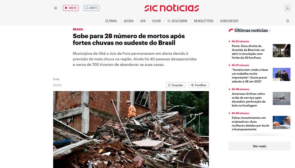 Reportagem do jornal SIC Noticias, de Portugal, sobre mortes causadas por chuvas torrenciais e deslizamentos de terra em Minas Gerais em 24 de fevereiro de 2026. — Foto: Reprodução/SIC Noticias