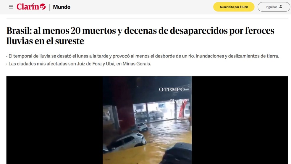 Reportagem do jornal Clarín, da Argentina, sobre mortes causadas por chuvas torrenciais e deslizamentos de terra em Minas Gerais em 24 de fevereiro de 2026. — Foto: Reprodução/Clarín