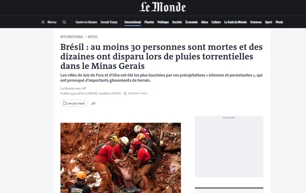 Reportagem do jornal Le Monde, da França, sobre mortes causadas por chuvas torrenciais e deslizamentos de terra em Minas Gerais em 24 de fevereiro de 2026. — Foto: Reprodução/Le Monde